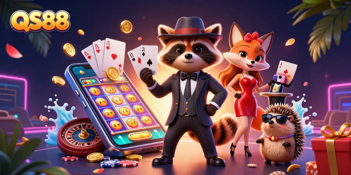 Experience the thrill of gaming at QS88 with vibrant characters and exciting casino elements.