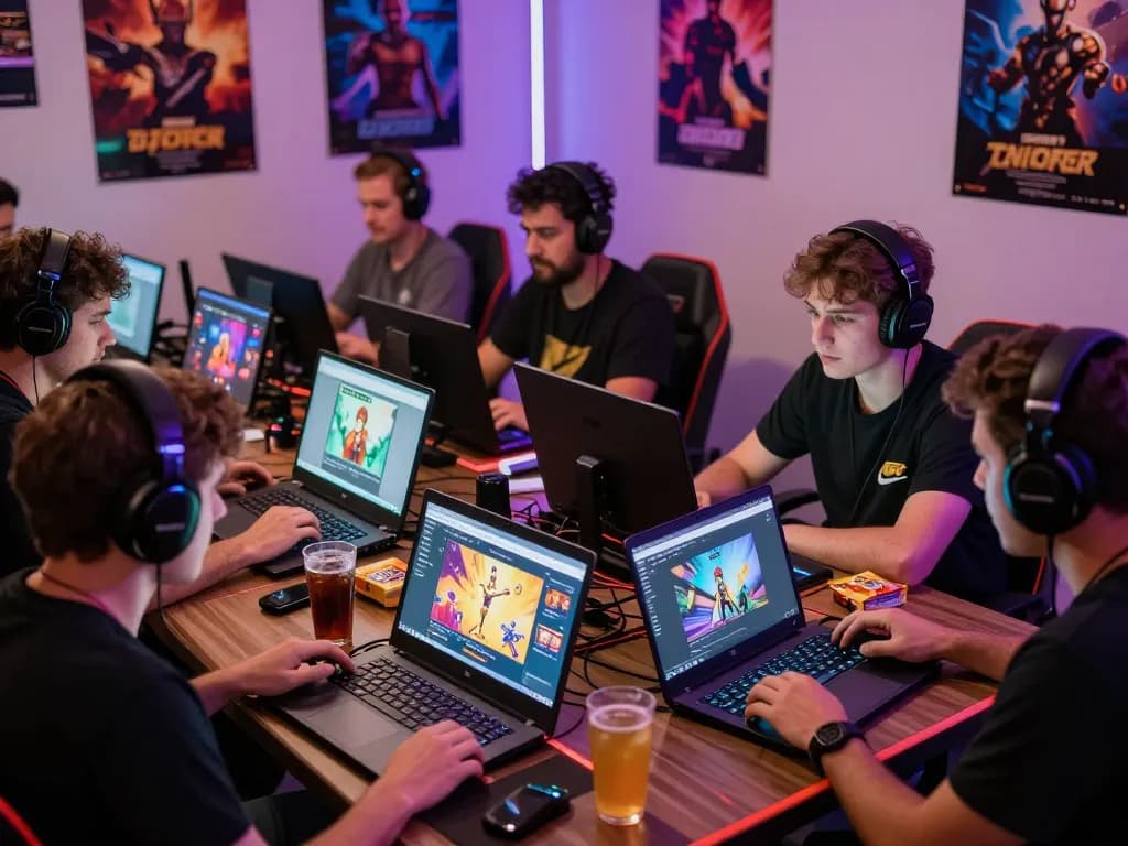 Interactive community enjoying browser-based porn games HTML at gaming table, showcasing vibrant visuals and energy.