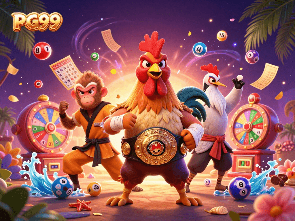 Experience PG99 excitement with a cartoon rooster, monkey, and crane amidst lottery elements.