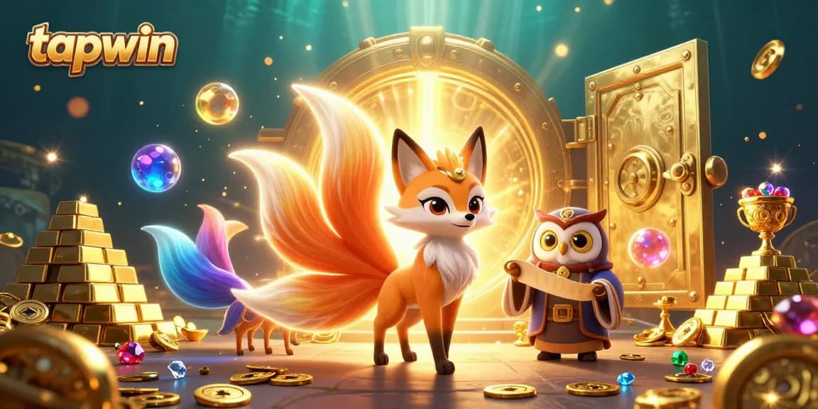 Engage with tapwin's vibrant nine-tailed fox and wise sage in a dazzling casino scene.