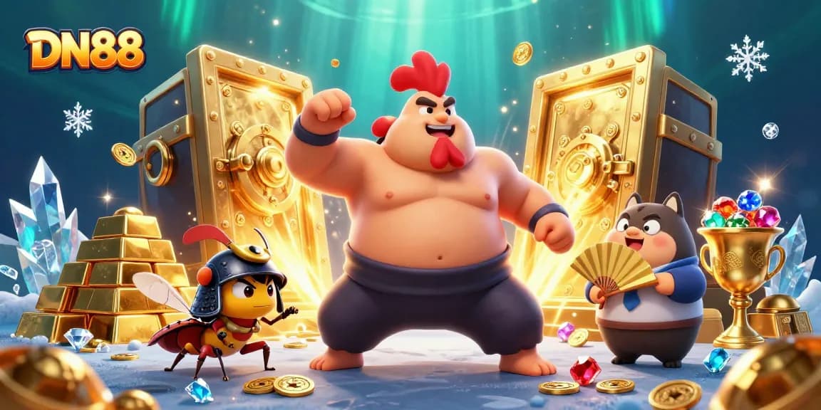 Watch DN88's powerful sumo wrestler rooster stomp amidst treasures in a vibrant casino scene.