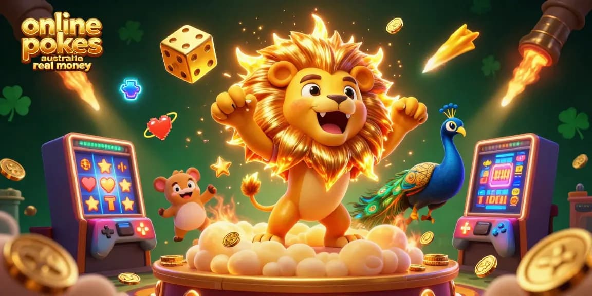 Experience thrilling online pokies in Australia for real money in a vibrant casino-themed illustration.