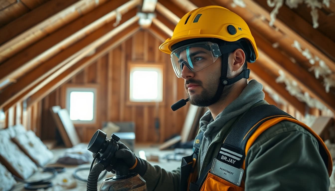 Efficient loft spray foam removal in a well-lit attic by a professional contractor with safety gear.