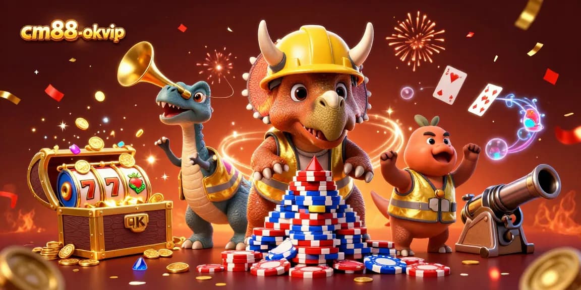 Engage with cm88-okvip through thrilling slots and dynamic gaming elements in this festive illustration.