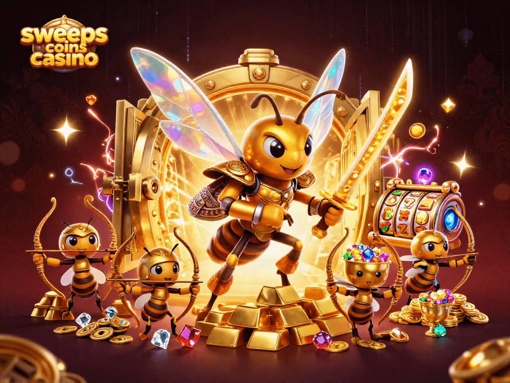 Engage in the excitement of sweeps coins casino with a vibrant 3D illustration of a golden hornet warrior amidst treasures and slot symbols.