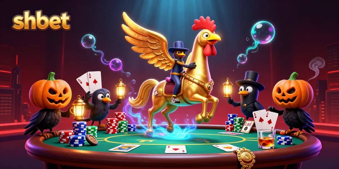 Engage in thrilling betting action with shbet as a golden rooster rides through a vibrant midnight casino.