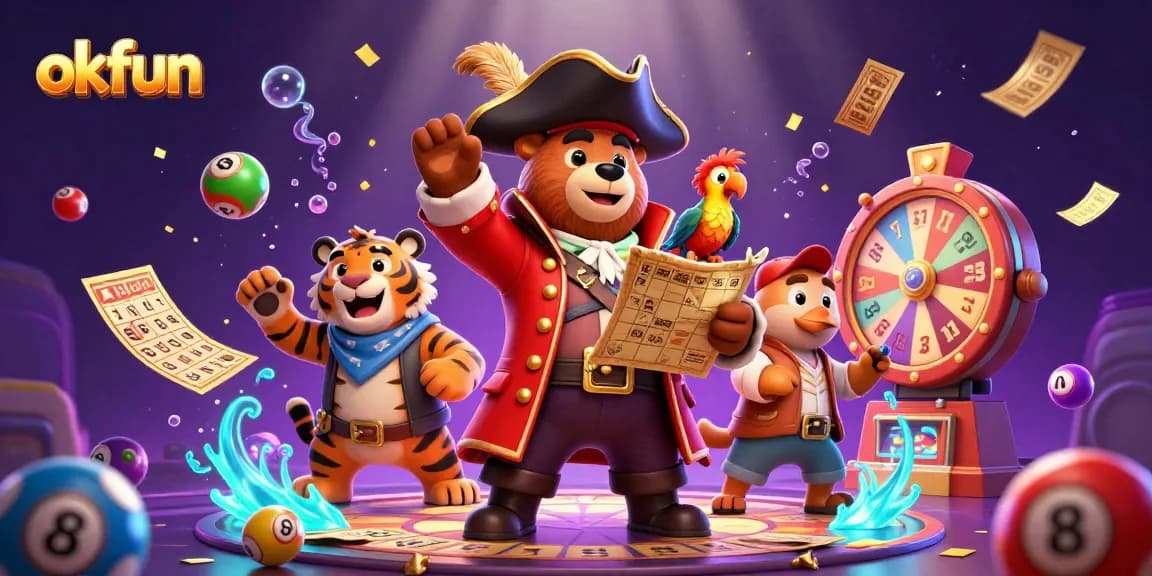 Engage with okfun's immersive online gambling experience featuring vibrant 3D characters and casino elements.