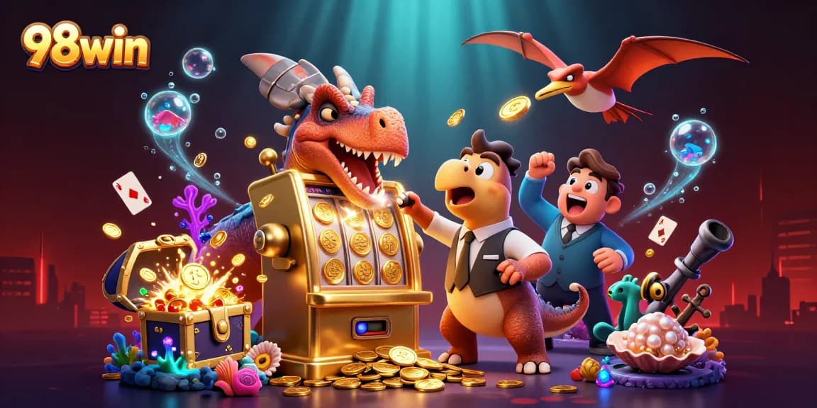 Engage with the thrilling 98win experience as a dinosaur interacts with a jackpot slot machine amidst a vibrant casino underwater scene.
