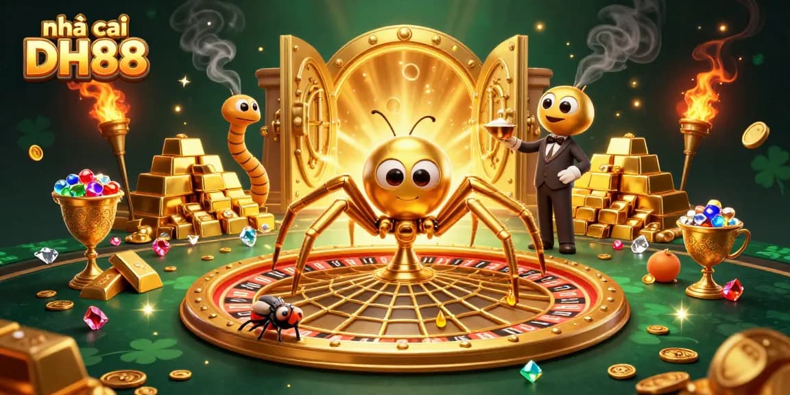 Place bets at nhà cái DH88 while watching a golden spider spin its roulette wheel web in a vibrant 3D illustration.