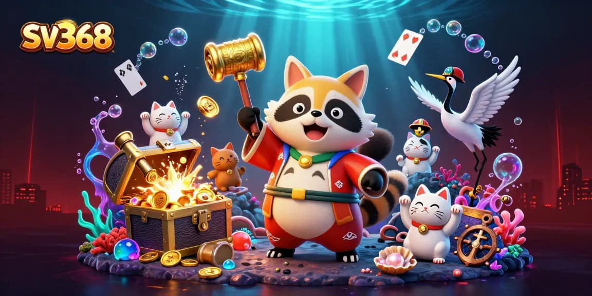 Engage with SV368's colorful casino adventure featuring cheerful tanuki amidst treasure and gaming elements.