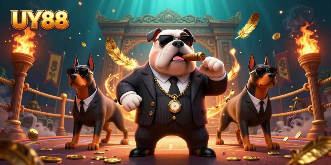 Experience UY88's thrilling casino atmosphere with a dynamic 3D illustration of mafia-themed characters.