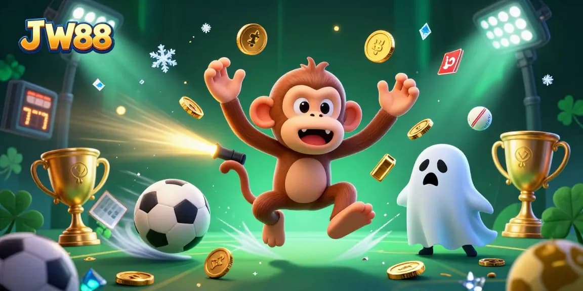 Experience thrilling gaming at J W88 with an energetic scene of a mischievous monkey and puppy in a haunted casino.