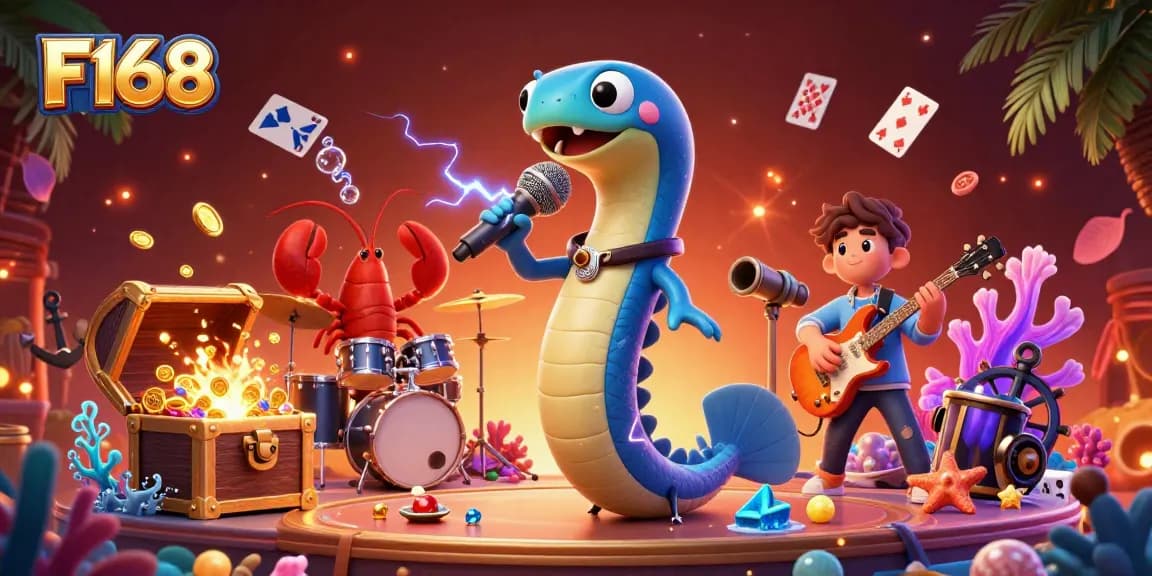 Experience thrilling gaming action at F168's underwater casino with electric eel DJ and vibrant visuals.