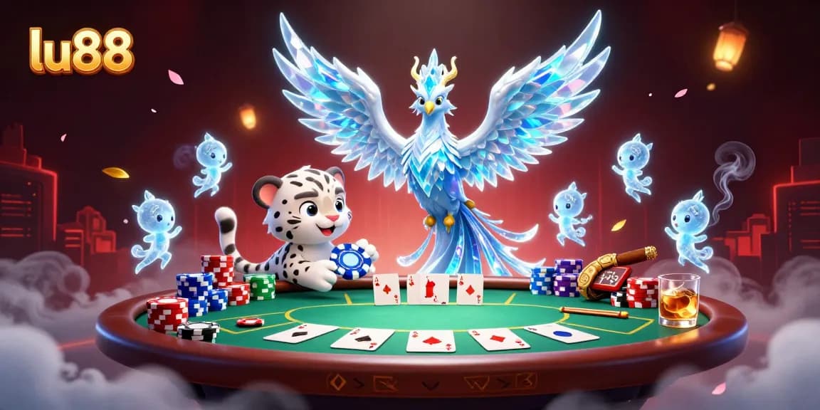 Experience the vibrant games at lu88 with a playful scene of a phoenix and ice sprites around a poker table.