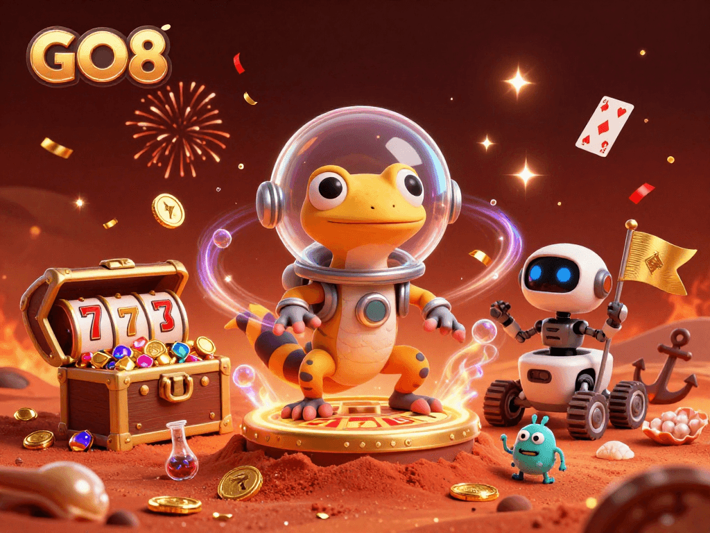 Join the Martian gecko in the GO8 casino adventure filled with golden treasures and vibrant animated elements.