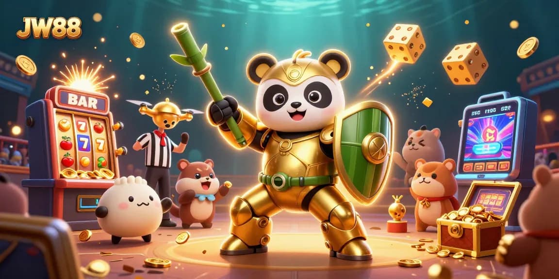 Experience the excitement of JW88 with 3D characters amidst a lively casino scene filled with jackpots and games.