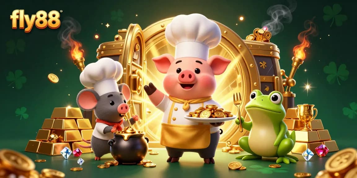 Experience the excitement of fly88 with vibrant characters and gold-themed casino elements in a dynamic illustration.