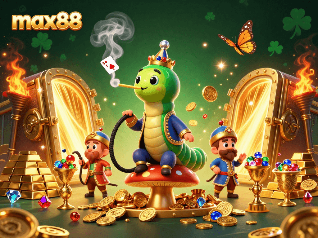 Experience max88 with a vibrant 3D casino scene showcasing a caterpillar hookah-master amidst gold treasures.