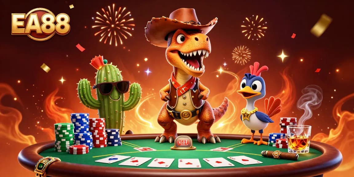 Experience the thrilling EA88 gaming adventure with a vibrant 3D casino scene featuring T-Rex and friends.