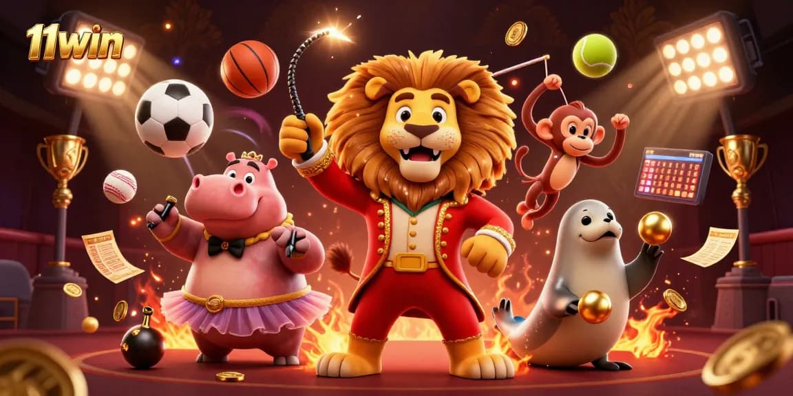 Enjoy 11WIN's thrilling sports betting scene with cartoon characters and dynamic game elements.