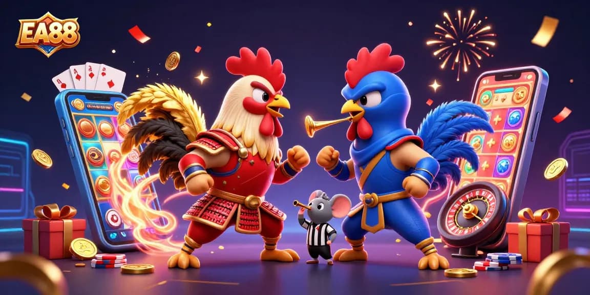 EA88 showcases thrilling cockfighting battles in an exciting 3D casino-themed illustration.