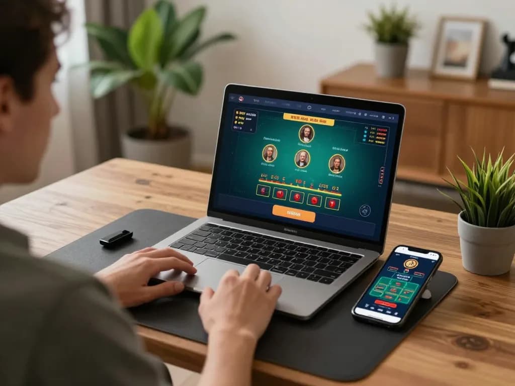 Engaging in an online blackjack game at 88xeng, showcasing a stylish home setup with betting strategies