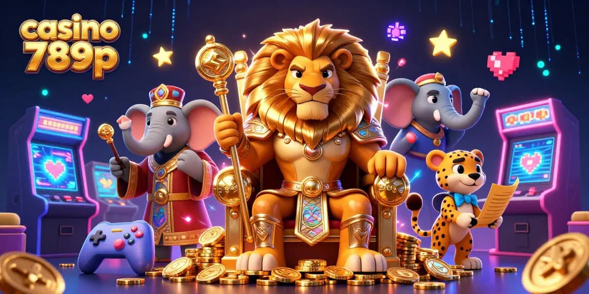 Engage with casino 789p, featuring a vibrant scene of a lion king enthroned with gaming elements.