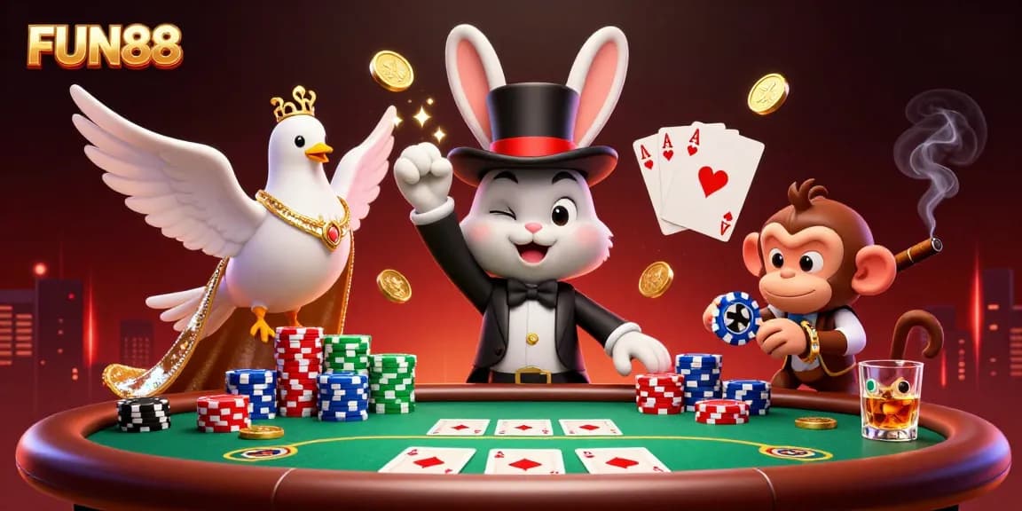 FUN88 showcases a vibrant 3D scene with a magician pulling coins, enhancing the online casino experience.