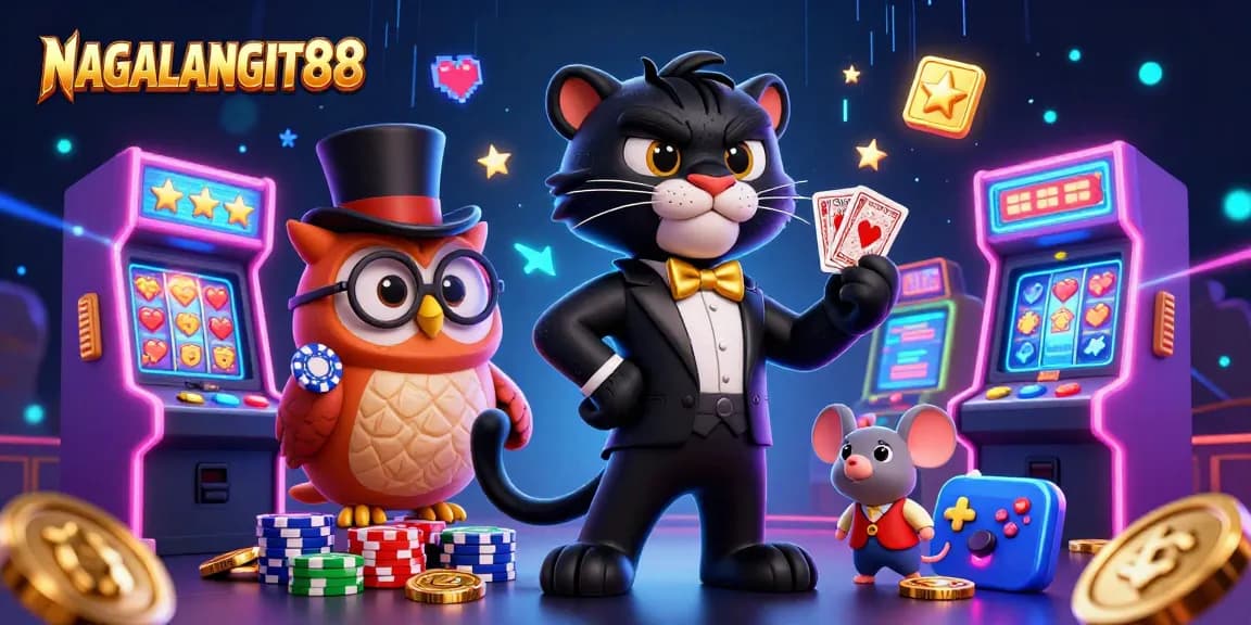 NAGALANGIT88 showcases a stylish black panther dealer in a tuxedo surrounded by casino gaming elements.
