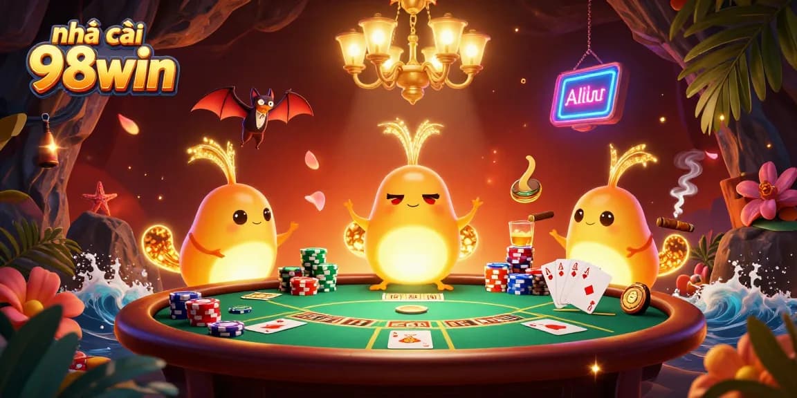 Enjoy the vibrant atmosphere of nhà cái 98win casino featuring glowing characters and poker action.