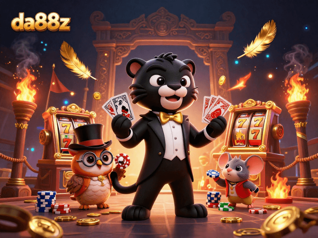 Experience thrilling gaming with da88z as a stylish panther deals cards amidst sparkling jackpots and vibrant characters.