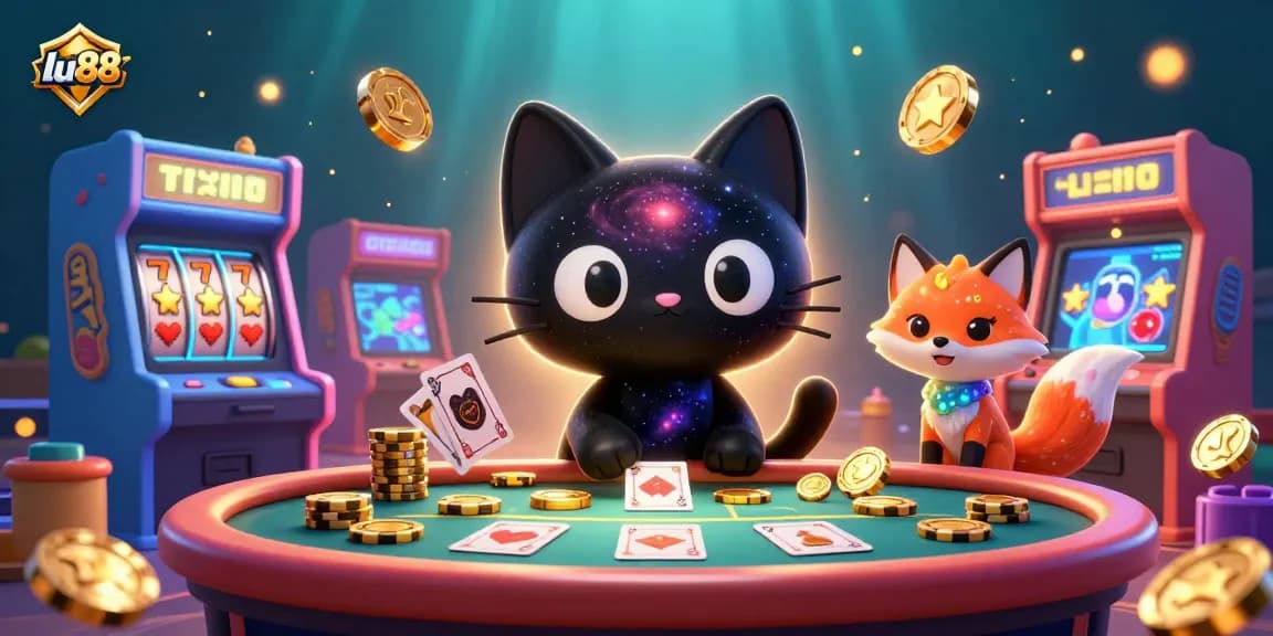 Experience the thrill of lu88 with a cosmic casino scene featuring a black hole cat and nebula fox.
