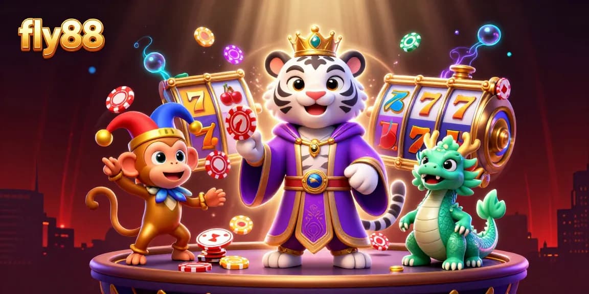 Engage with fly88's vibrant slot scene, featuring joyful characters and dynamic casino elements.