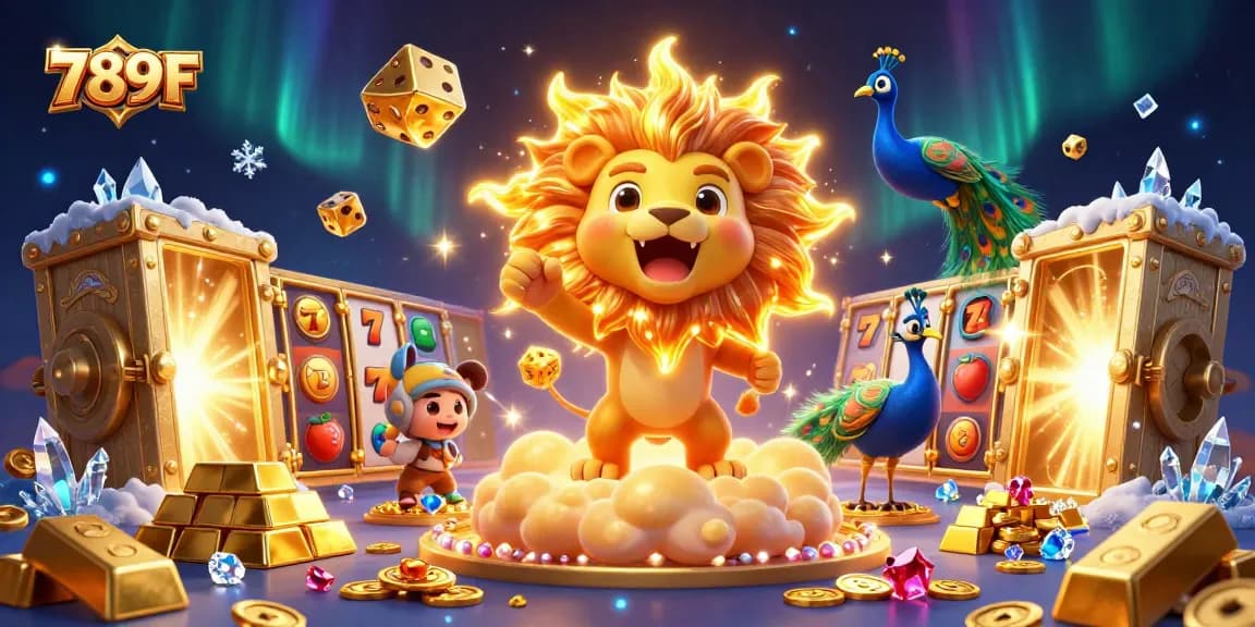 Join the excitement of 789F with a vibrant casino scene including thrilling slots and golden treasures.