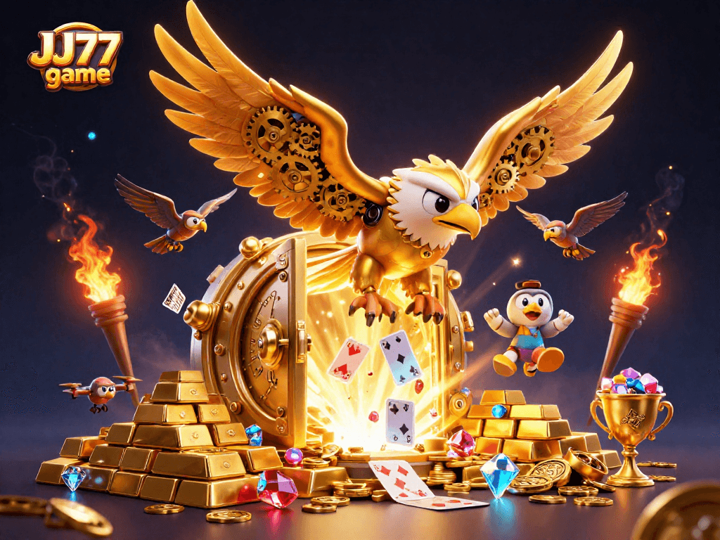 Experience thrilling gameplay with the JJ77 game, featuring a cybernetic eagle in a dynamic casino scene.