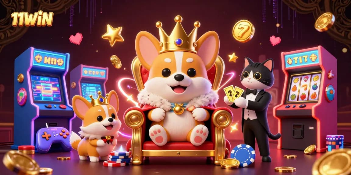 Play lively games at 11WIN with royal corgi on a throne amidst bright slot elements.