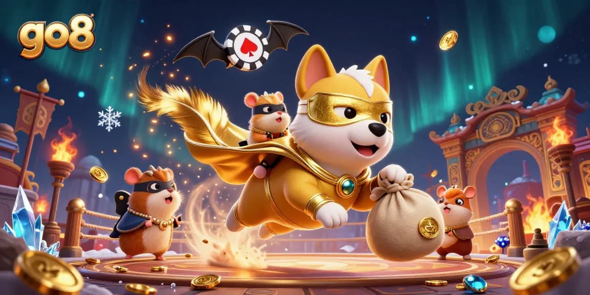 Experience thrilling action with go8 as a superhero dog captures gold in a casino-themed scene.