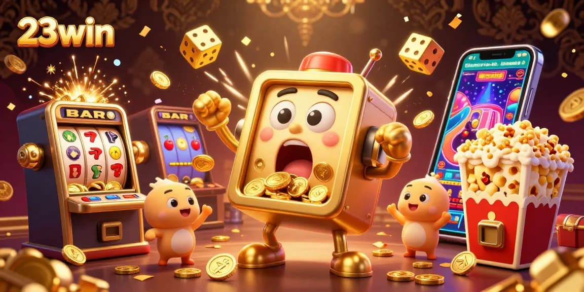 Experience the excitement of 23win with vibrant slot machines hitting jackpots amidst a dazzling casino scene.