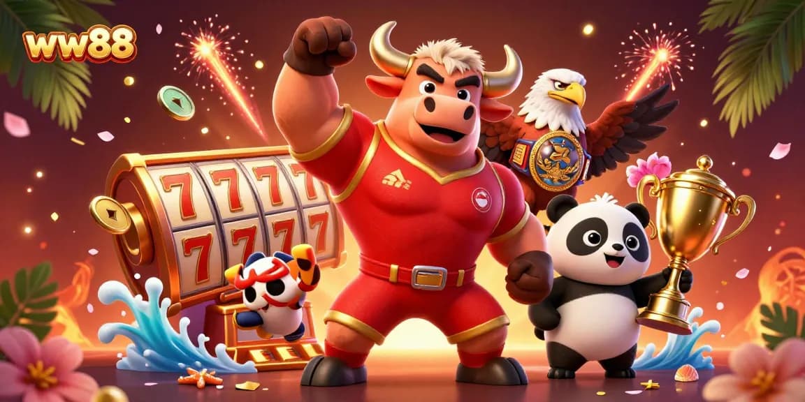 Play to win at ww88 with vibrant 3D characters, jackpot slots, and festive casino elements.