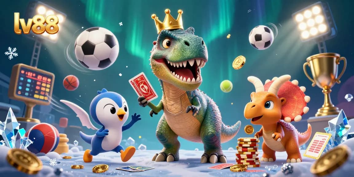 Engage in fun at lv88 as a T-Rex shuffles cards amidst sports elements and chip stacks.
