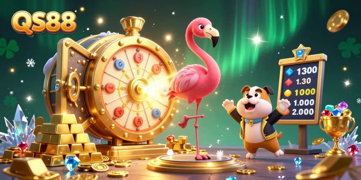 Engage with QS88 at a vibrant game show with a flamingo host, excited bulldog contestant, and a scoreboard assistant, celebrating big wins.