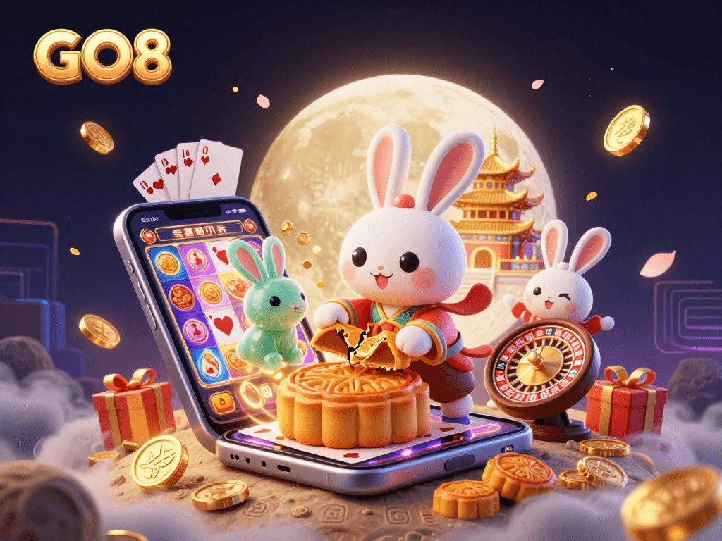 Experience GO8's thrilling casino gaming with 3D characters celebrating on a lunar landscape.