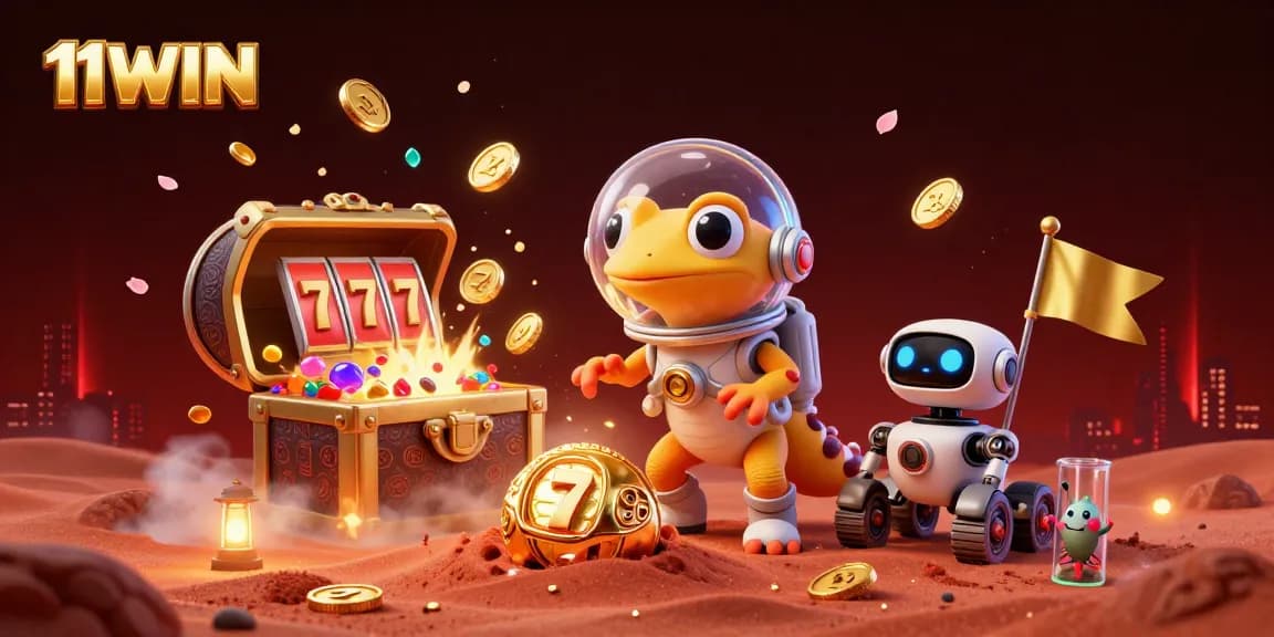 Illustration of 11WIN casino adventure with Martian gecko, showcasing vibrant gold treasures.