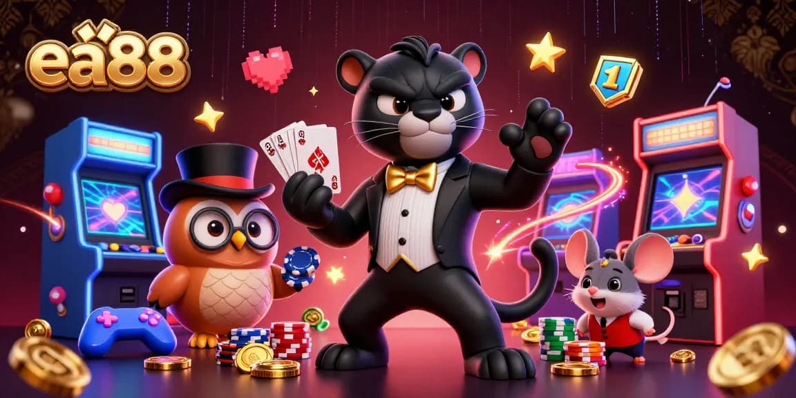 Experience thrilling gaming at ea88 with a stylish black panther dealer, owl, and mouse in a vibrant casino scene.