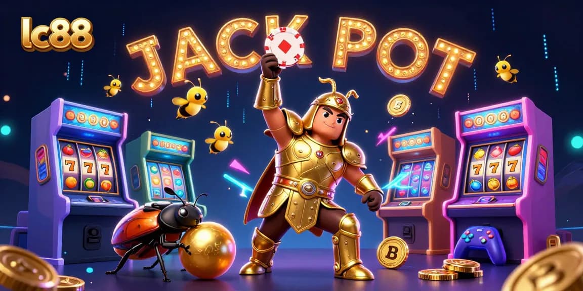 lc88 celebrates victory as a gladiator beetle lifts a poker chip surrounded by arcade games.