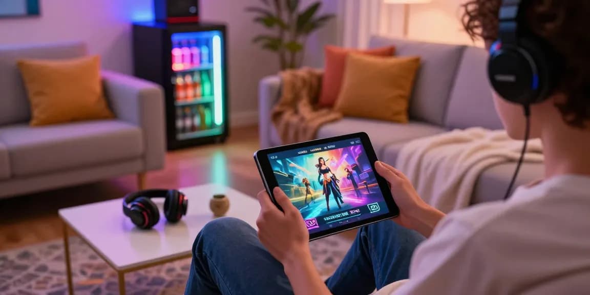 Engaging scene of a gamer playing mobile hentai games in a cozy living room.