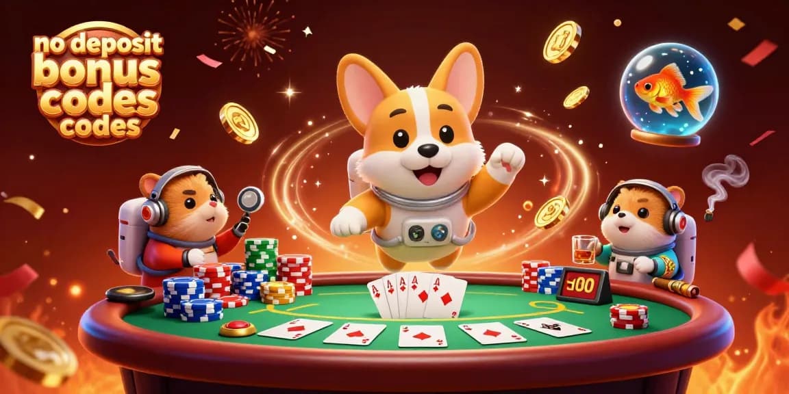 No deposit bonus codes highlighted in a vibrant space-themed casino illustration featuring a corgi in zero gravity.