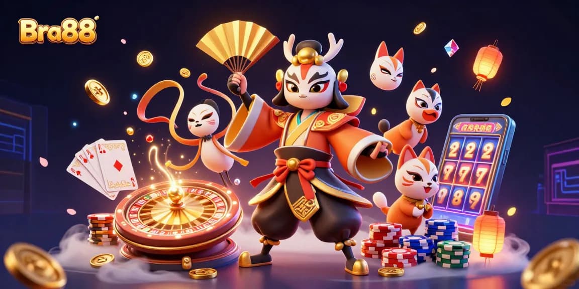 Bra88 attracts gamblers with a vibrant 3D illustration showcasing kabuki warriors and casino elements.