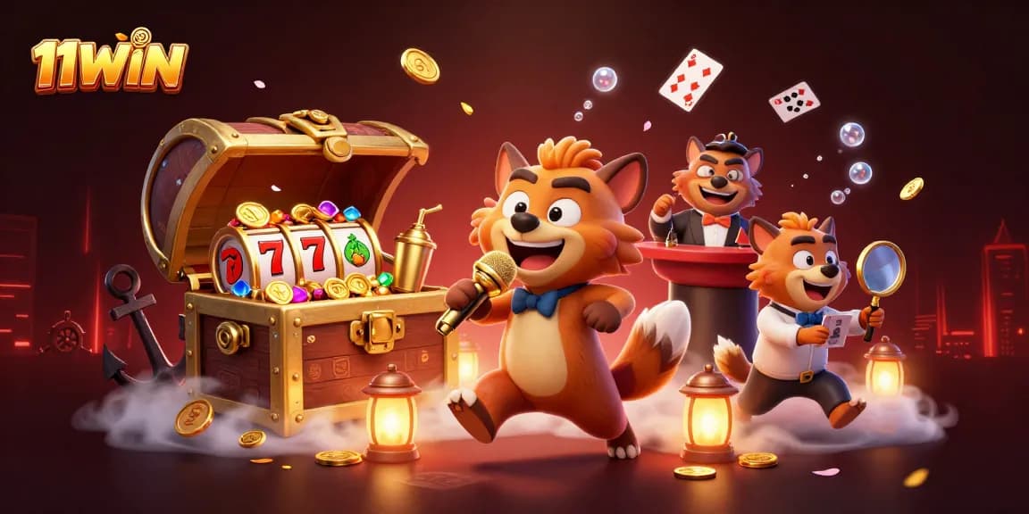 Engaging scene of 11WIN casino featuring hyenas in a comedy club with vibrant game elements.