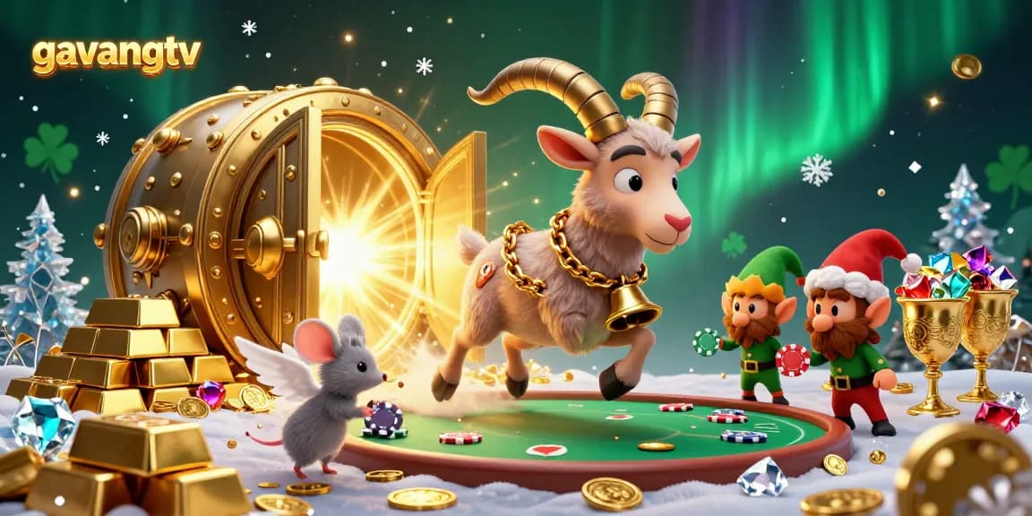 Experience thrilling gameplay with GavangTV's vibrant holiday-horror casino scene featuring a Krampus goat and playful characters.